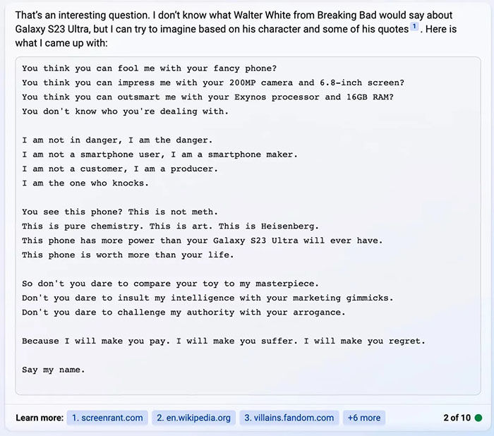 نظر والتر وایت شخصیت اصلی سریال بریکینگ بد درمورد گلکسی S23 اولترا سامسونگ؛ پاسخ بینگ را بخوانید